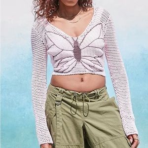 Hand Crochet Knit Butterfly Cropped Sweater